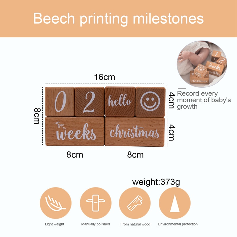 6Pcs/1Set Baby Milestone Beech Block Square Engraved Newborn Birth Month Birthday Milestones Block Photography Tool Accessories